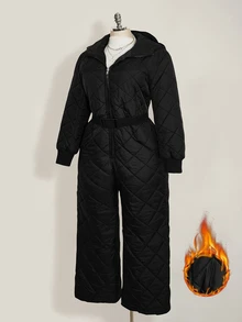SHEIN ICON Women's Plus Size Quilted Diamond Pattern Black Ski Jumpsuit - Black - View 3