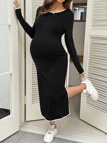 SHEIN Maternity Fitted Casual Dress With Trimmed Round Neck, Long Sleeves And Side Slit Hem - Black - View 1