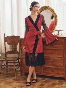 Côtesoire Mature Sexy Elegant Contrast Color Lace Patchwork Burgundy Satin Women's Robe - Burgundy - View 5