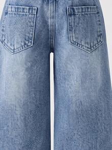 SHEIN Genkimix Kids 女童牛仔長褲 新季節可愛趣味風格 復古牛仔女郎牛仔風 淺藍色彈性腰頭 粉色白色愛心刺繡設計 貓鬍鬚 秋季 - 淺色水洗藍 - 查看 4