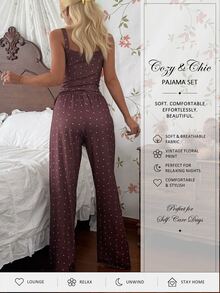 CottageSlumber Women's Fashion Minimalist Heart Print Camisole Top & Long Pants Pajama Set - Coffee Brown - View 2