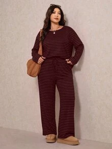 Elaquor 大尺碼休閒日常條紋上衣與長褲兩件套 女款休閒外出套裝 秋冬休閒辦公通勤條紋兩件套 - 酒紅色 - 查看 6