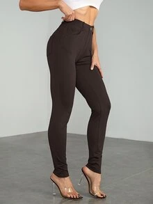 SHEIN Tall 女款純色高腰口袋修身休閒長褲 - 棕色 - 查看 5