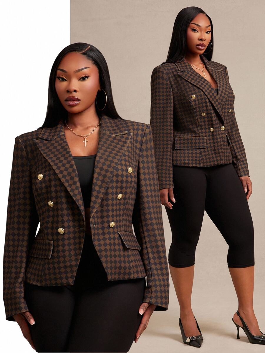 SHEIN SXY Plus Size Women's Brown & Black Plaid Padded Shoulder Cinched Waist Blazer - Chocolate Brown - View 1