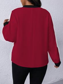 SHEIN LUNE 大尺碼女款拼色缺口V領長袖休閒襯衫 - 酒紅色 - 查看 2