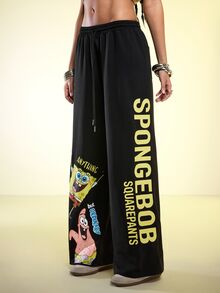 SpongeBob SquarePants | ROMWE Women's Elastic Waist Low-Rise Loose Sweatpants - Black - View 4