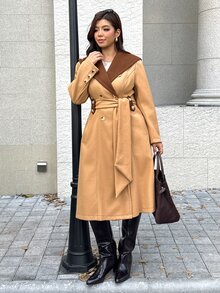 Easura معطف نسائي أنيق بمقاسات كبيرة بتصميم كتل لونية متباينة وياقة عريضة من مزيج الصوف - بني - مشاهدة 5