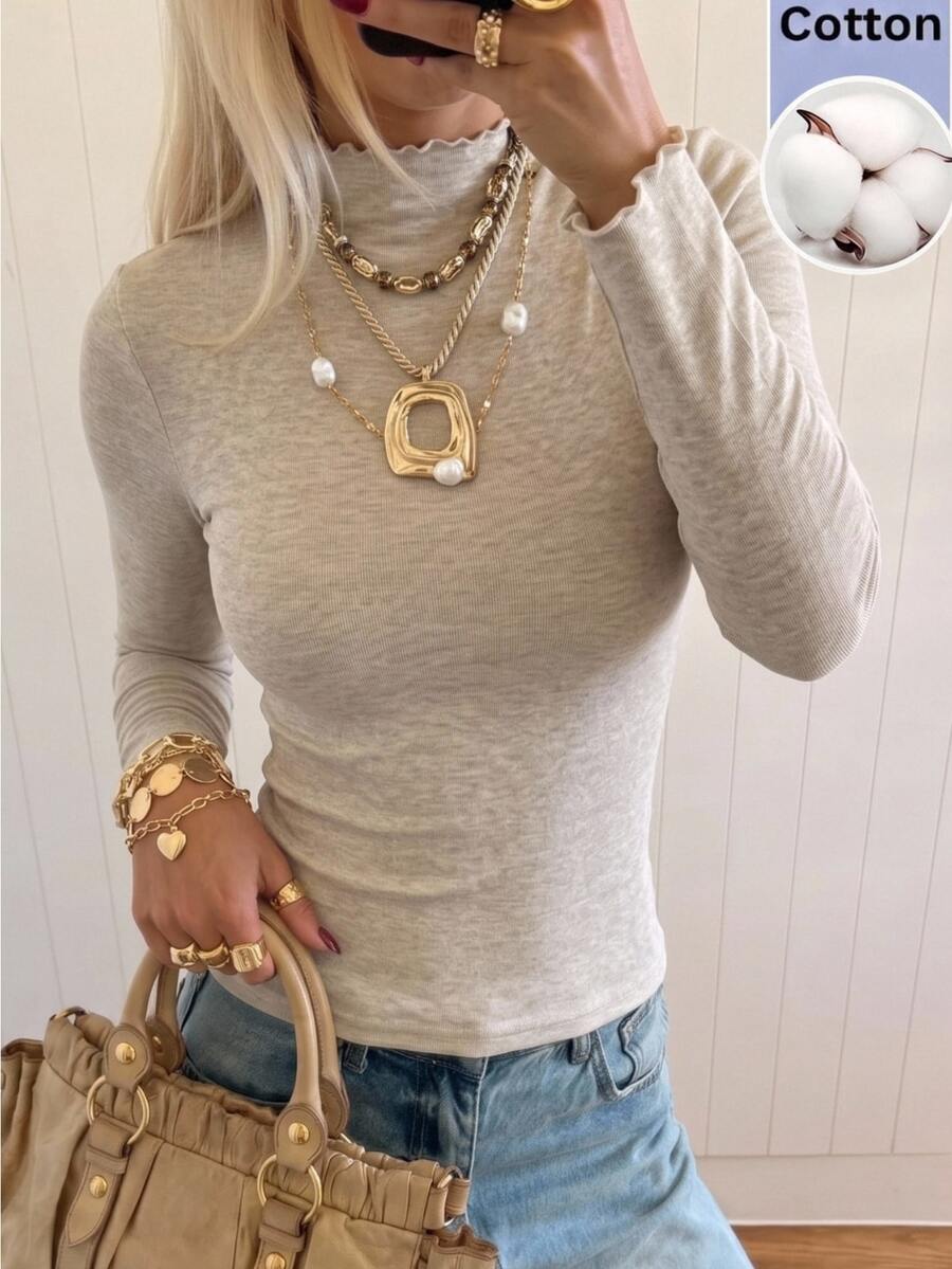 SHEIN EZwear Women's Solid Color Long Sleeve Rayon Slim Fit Base Layer T-Shirt - Apricot - View 1