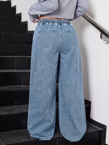 SHEIN 女童黑色寬鬆版型牛仔長褲 - 淺色水洗藍 - 查看 4