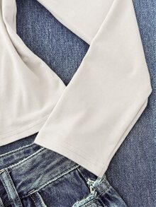 SHEIN 青少年女孩 T-Shirt，領口彈性修身款－百搭極簡長袖 T-Shirt，舒適穿著 - 杏色 - 查看 4