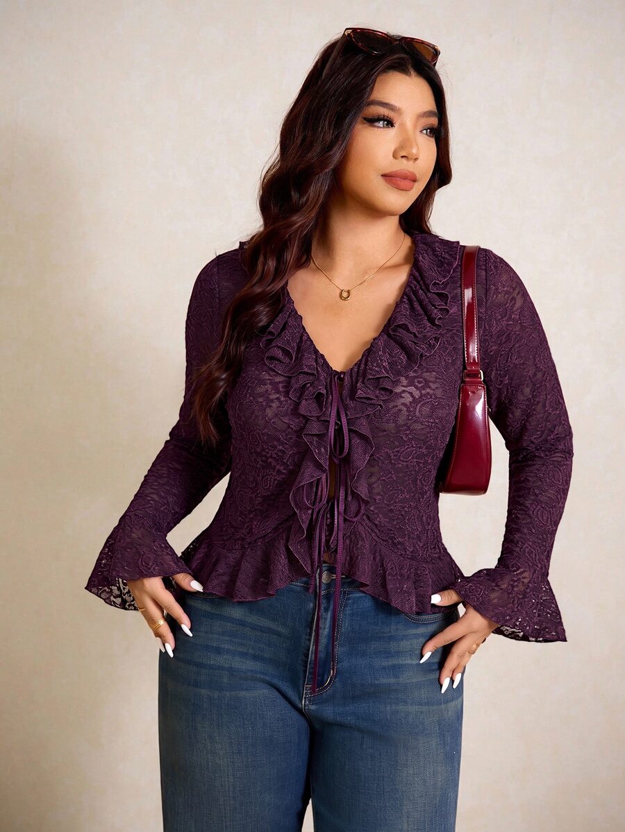 Elaquor Plus Size Women's Fashion Top With Ruffle Collar, Front Tie And Bell Sleeves - Purple - View 1
