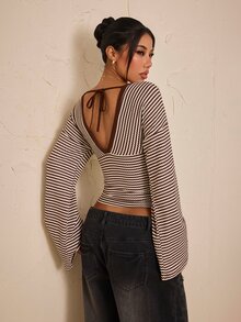 SHEIN PETITE Women's Deep V-Neck Striped Casual Daily Long Sleeve Top - Multicolor - View 2