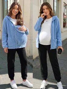 SHEIN Elegant Casual Loose Fit Home Fleece Solid Color 3-In-1 Multifunctional Maternity Jacket Fall Homewear Holiday Light Blue - Blue - View 6