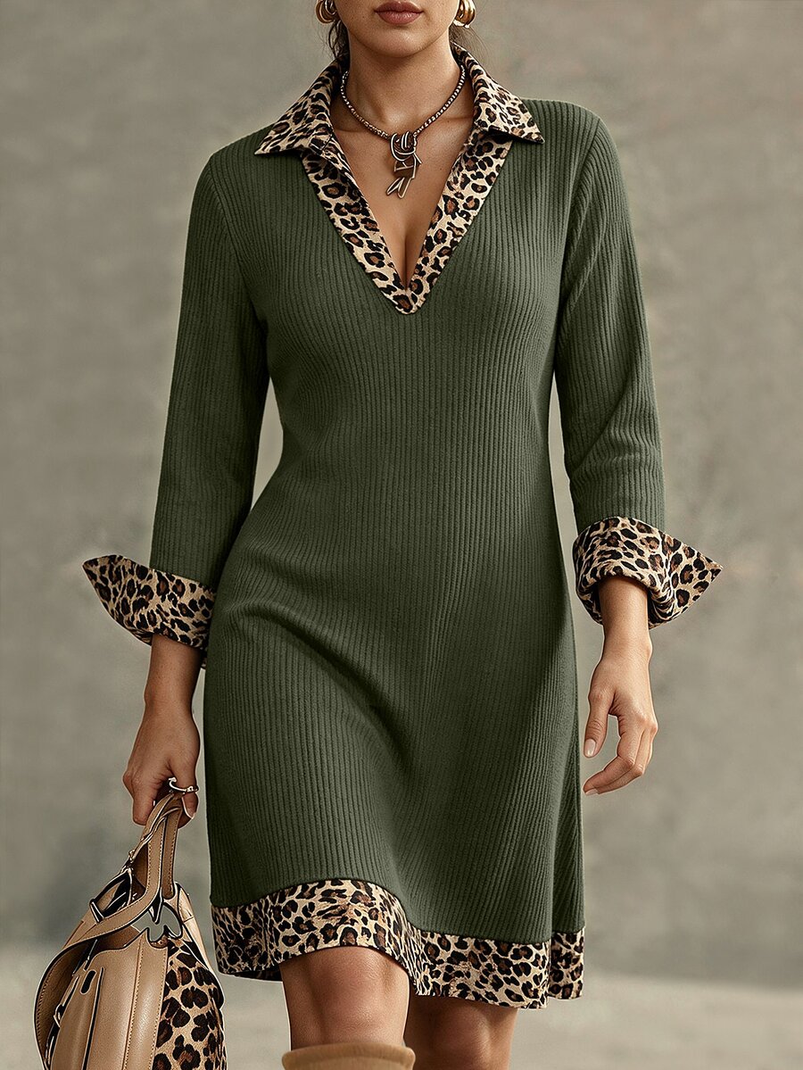Weeklong Plus Size Ribbed Fleece Knit Mini Dress Leopard Print 2 In 1 Long Sleeve Casual Outfit - Army Green - View 1