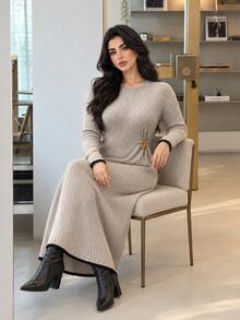 Feyla Plus Size Elegant Metal Buckle Pleated Knit Dress - Khaki - View 4