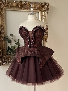 Lovelzi Elegant Romantic Gold & Silver Metallic Jacquard Satin Patchwork Tulle Circle Skirt With Luxurious Handmade Pearl Decor Short Hem, Suitable For Pre-Wedding Party, Wedding And Graduation Prom - Khaki - View 4