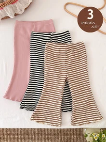 SHEIN LMoss Kids LMoss 3件組女嬰針織純色條紋休閒喇叭褲套裝 - 粉色 - 查看 5