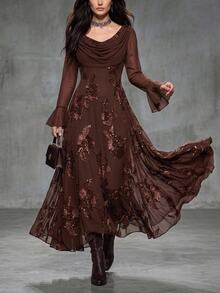 Solivie Women's Autumn Mesh Patchwork Jacquard Burgundy Dress, Party & Gathering Outfit - Coffee - View 1