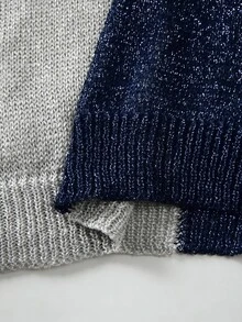 SHEIN Fall Winter Color‑Block V‑Neck Knit Sweater, Contrast Split Color Long Sleeve Loose Top - Light Grey - View 4