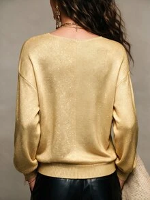 SHEIN 秋冬拼接配色V領針織毛衣，對比撞色長袖寬鬆上衣 - 杏色 - 查看 2