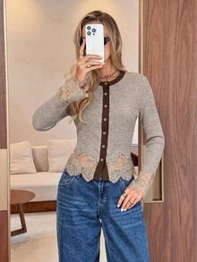 Serisse Women's Elegant Contrast Lace Trim Button Front Slim Fit Ribbed Knit Tee, Vintage Casual Long Sleeve Top, Fall Going Out Outfit - Apricot - View 7