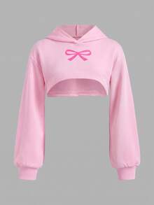 SHEIN Girlism 青少年女孩休閒日常短版紋理長袖蝴蝶結印花運動衫 - 粉色 - 查看 6