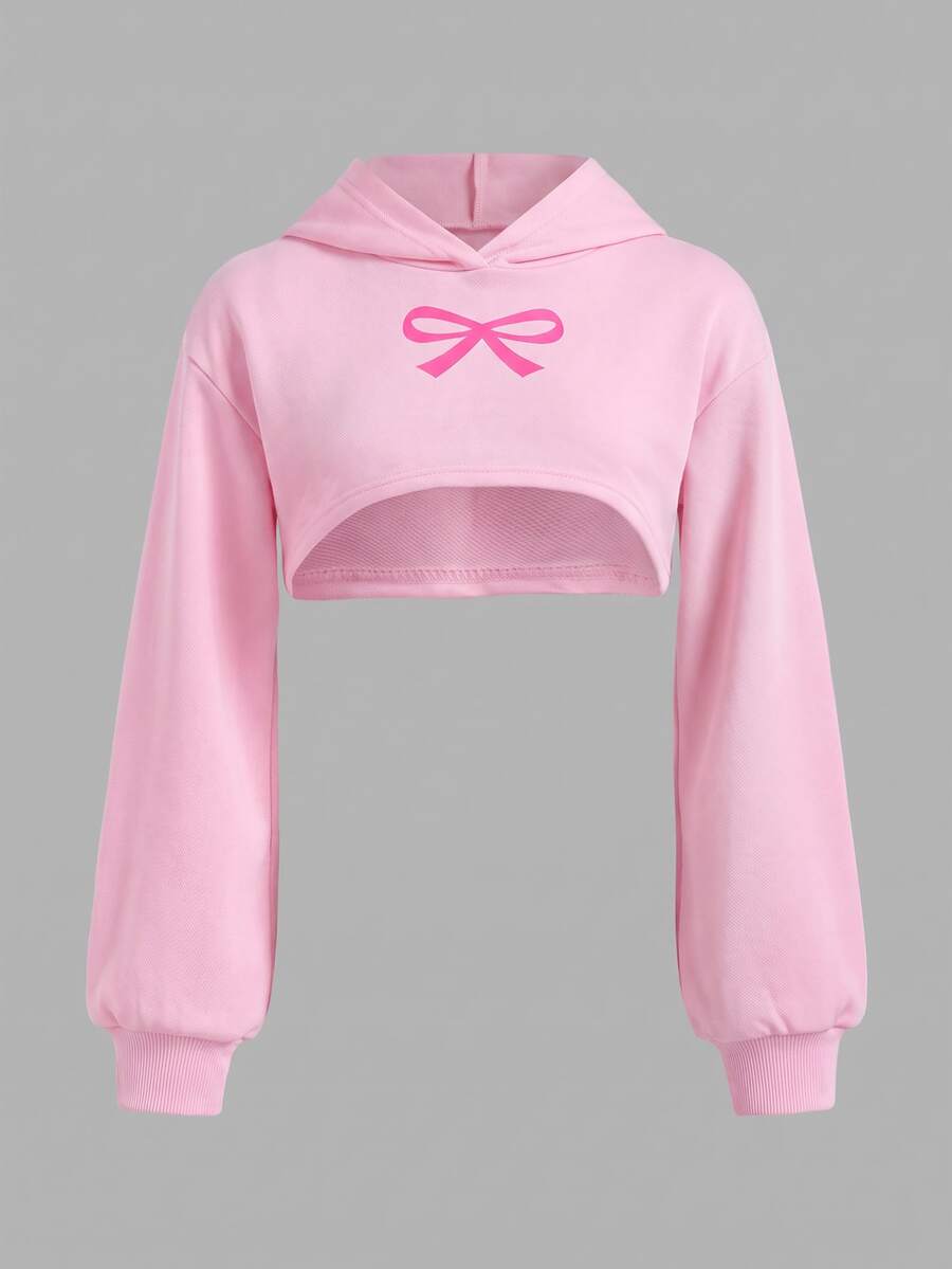 SHEIN Girlism Tween Girl Casual Daily Cropped Textured Long Sleeve Bow Print Autumn Sweatshirt Kids - Pink - View 1