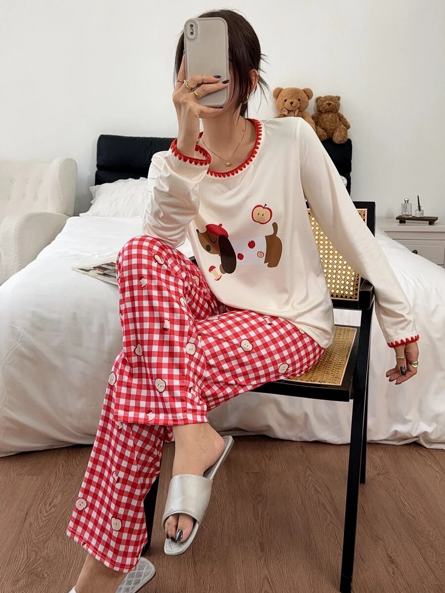 Napfluff Cute Dachshund Print Long Sleeve Pajamas For Women, Red Plaid Contrast Lace Trim Loungewear Set - Multicolor - View 1