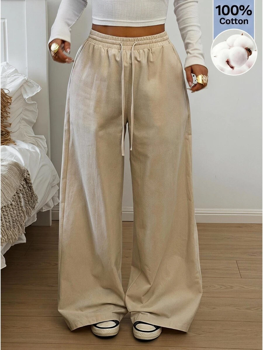 SHEIN EZwear 杏色編織女款抽繩腰口袋寬腿長褲 - 杏色 - 查看 1