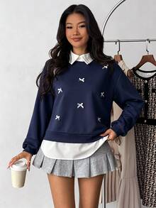 SHEIN 青少年女孩襯衫領拼接蝴蝶結裝飾套頭長袖鬆緊運動衫，秋冬可愛素色上衣 - 藏蓝色 - 查看 10