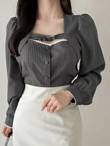 FRIFUL Blus Elegan Wanita Bergaris dengan Desain Gesper dan Renda Kontras, Kancing Tunggal - Grey - View 8