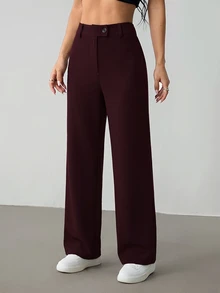 SHEIN PETITE Women's Solid Color Casual Versatile Daily Wear Long Pants - Red Violet - View 8