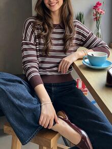 INAWLY Sweater Pullover Berkerah Henley Bergaris Berlapis untuk Komuter, Bisnis, Serbaguna, Harian, Kencan, Kantor - Coffee Brown - View 6