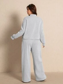 Elaquor Plus Size Women's Solid Color Long Sleeve Top And Pants Casual Daily 2 Pieces Set - Grey - View 2
