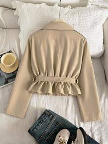SHEIN Sparklyn Teen Girl Solid Color Waist Tie Casual Versatile Long Sleeve Jacket - Khaki - View 2