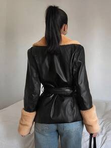 SHEIN EZwear 純色長袖休閒 PU 拼接收腰抽繩夾克 秋冬款 - 彩色 - 查看 2