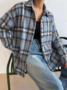 DAZY Women's Casual Vacation Button-Up Plaid Long Sleeve Shirt - Khaki - View 6
