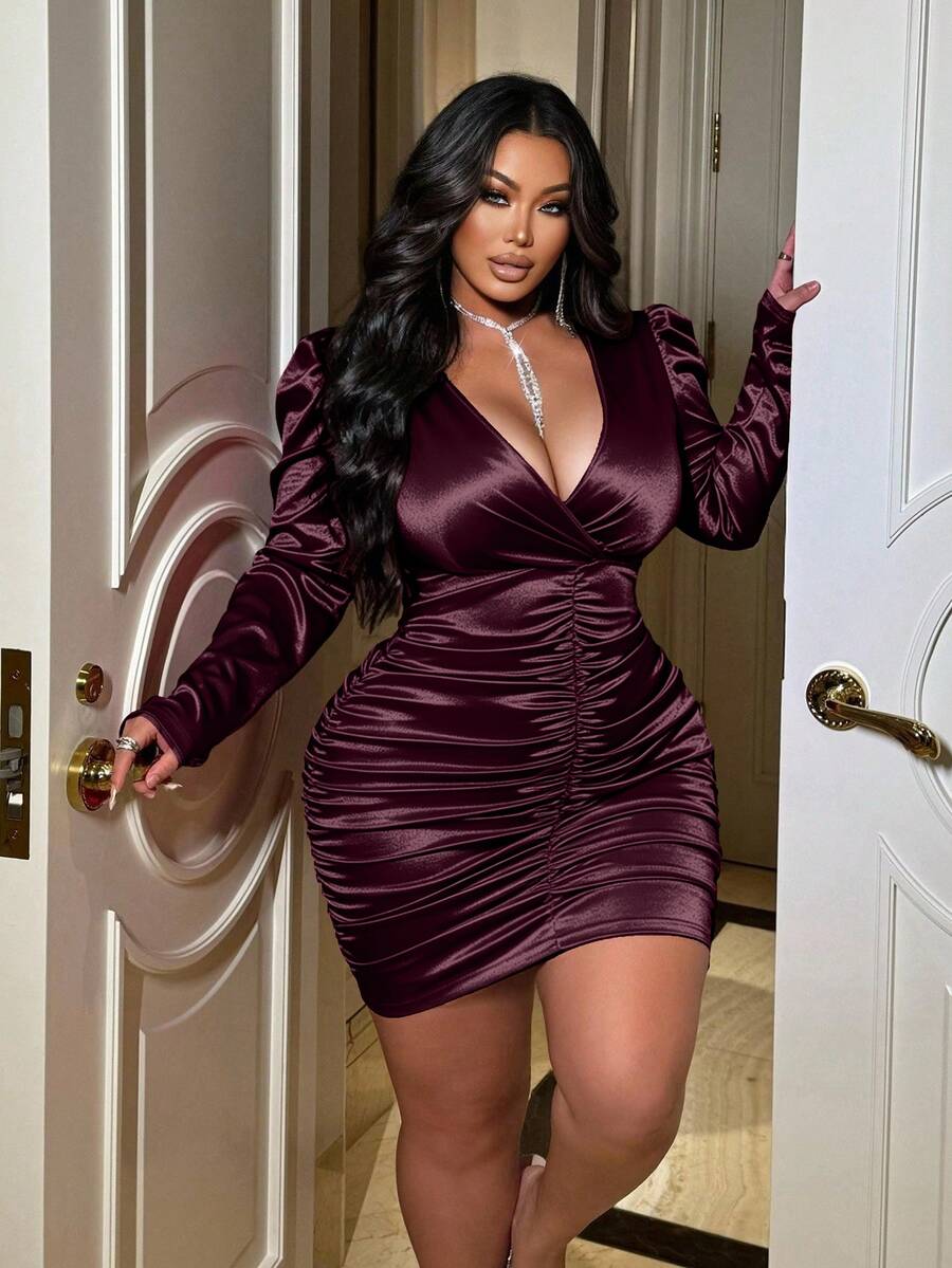 NU&NOW Plus Size Fashionable Party Sexy Ruched Bodycon Dress Fall - Purple Wisdom - View 1