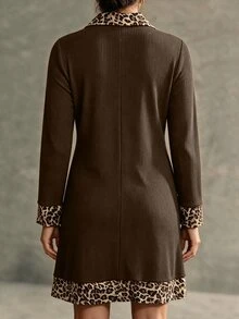 Weeklong Plus Size Ribbed Fleece Knit Mini Dress Leopard Print 2 In 1 Long Sleeve Casual Outfit - Brown - View 2