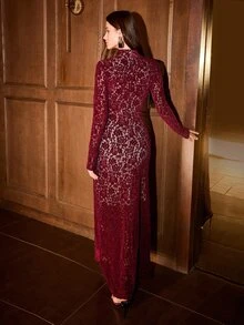 MOTF PREMIUM ELEGANT LACE LONG DRESS FOR WOMEN - Burgundy - View 7