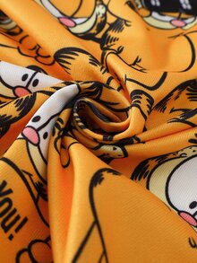 GARFIELD | SHEIN [Coffee Cat]2件組 男童時尚休閒經典黃色虎頭滿版印花圓領套頭長袖上衣與長褲，高彈性針織面料，修身舒適居家休閒套裝，適合居家與外出 - 黃色 - 查看 4