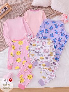 女童可愛印花螢光貼身睡衣套裝，韓系甜酷風，針織彈性面料，舒適柔軟圓領短袖長褲 2 件式居家休閒服，適合居家與戶外穿著 - 彩色 - 查看 2