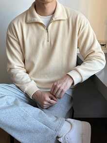 DAZY 男士針織羅紋拉鍊立領長袖杏色套頭運動衫，春秋連帽衫 - 杏色 - 查看 3
