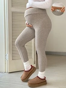 SHEIN سروال ضيق للحوامل بسيط ومريح قابل للتعديل عند الخصر - كاكي - مشاهدة 1
