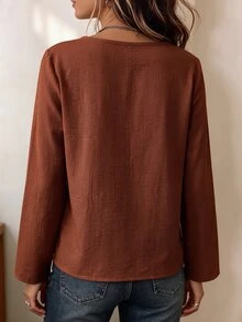 Zayélia 女款圓領套頭上衣杏色木鈕扣裝飾下擺長袖休閒上衣 春秋亞麻度假通勤 - 棕色 - 查看 2