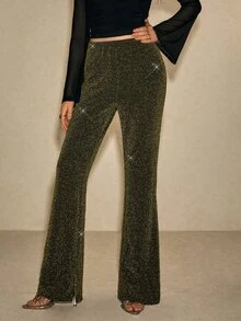 Poéselle Women's Elastic High Waist Loose Wide Leg Long Pants - Gold - View 4