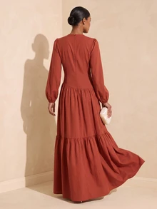 Vesra Women's Bubble Sleeve Pleated Long Dress - Red - View 2