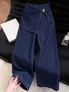 SHEIN Women's Metal Decor Asymmetric Design Wide Leg Casual Denim Jeans - Blue - View 5