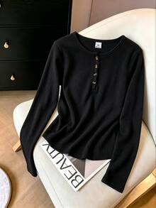 SHEIN Sparklyn 女童短袖休閒 INS 風舒適寬鬆百搭 Polo 條紋 T 恤，秋季上衣，秋季，圖案 T 恤，長袖 - 黑色 - 查看 7