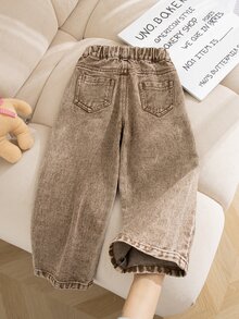 SHEIN Girls' Loose Straight Leg Long Pants, Coffee Color Washed High-End Fabric With Cotton Denim Feel, Comfortable For All Seasons, Y2K Style Fashion Cute Streetwear, Multi-Color Heart Embroidery - Brown - View 2